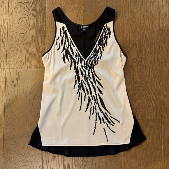 Vtg Bebe Y2K Silk Tank Top S Black Ivory Sequin Embellished Plunge V-Neck - Picture 1 of 6